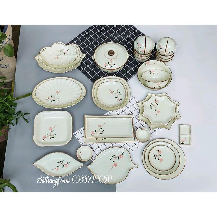 Bộ bát đĩa Bát Tràng men kem đào hồng đầy đủ