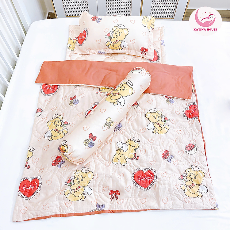 Combo trọn bộ chăn gối nệm cho bé đi học Katina House, vải tencel 60s mát mịn, giúp bé ngủ ngon