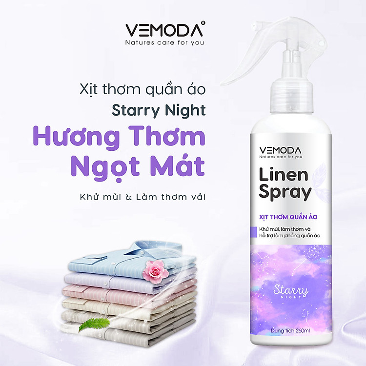 Xịt thơm quần áo Vemoda cao cấp giúp khử mùi ẩm mốc, làm thơm vải nhanh chóng, chiết xuất tuwd tinh dầu thiên nhiên và nước hoa