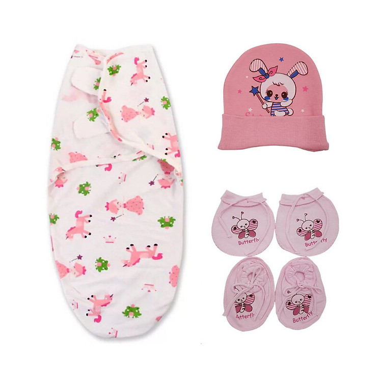 Combo sơ sinh 0-3 tháng gồm 1 khăn quấn ủ, 1 mũ sơ sinh & 1 đôi bao tay chân Thái Hà Thịnh