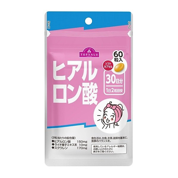 Viên Uống Topvalu Hỗ Trợ Cấp Ẩm Cho Da Bổ Sung Hyaluronic Acid Gói 60 Viên