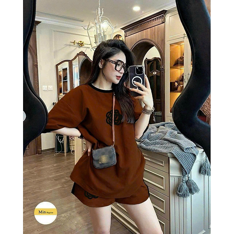Bộ đồ ngắn thun cotton trơn đơn giản thêu hoa quần ngắn