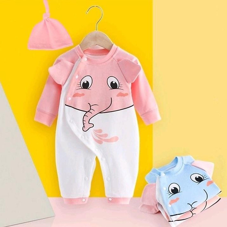 Bộ Đồ Body Dài Tay Cho Trẻ Sơ Sinh Hình Voi Thun Cotton 3kg Đến 12kg MÀu Xanh Hồng