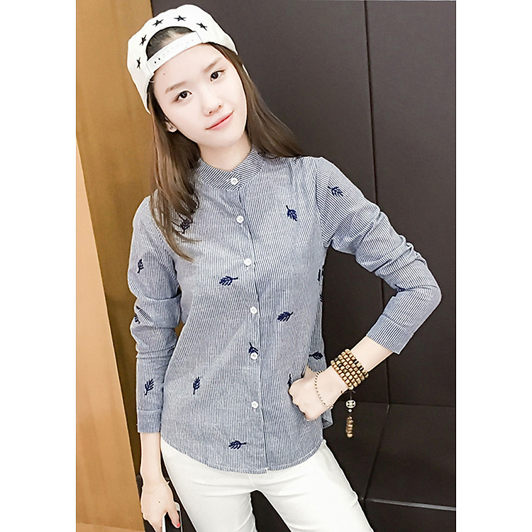 Sơ mi nữ cổ trụ kẻ sọc họa tiết thêu ale64