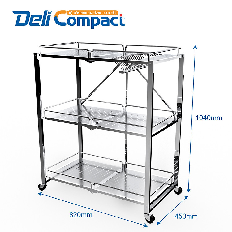Kệ xếp inox đa năng cao cấp DELI Compact 3 tầng inox 304 (QPI.490) - Kệ inox thông minh, chắc chắn, xếp gọn nhanh chóng, có bánh xe di chuyển dễ dàng