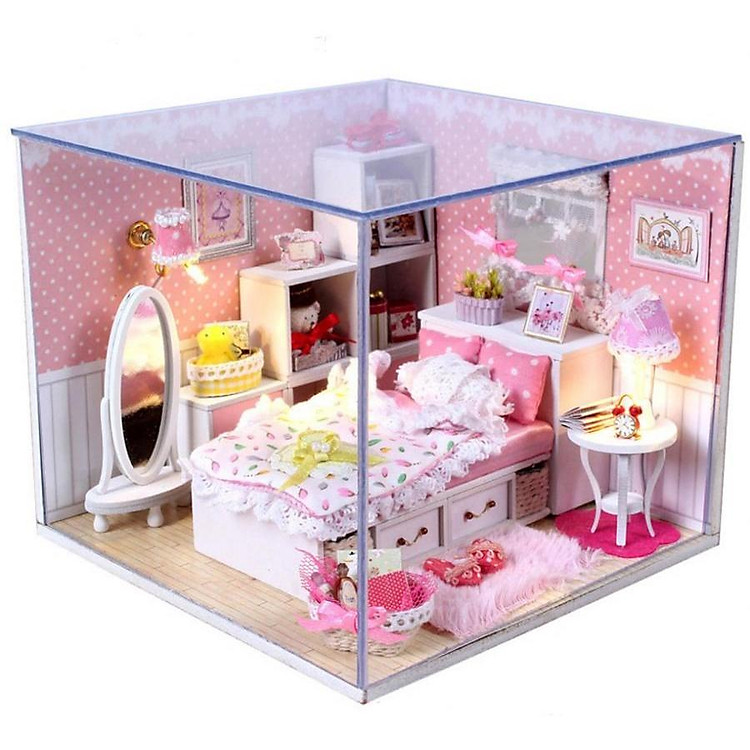 Mô hình nhà búp bê gỗ DIY - phòng ngủ màu hồng công chúa có gương lớn