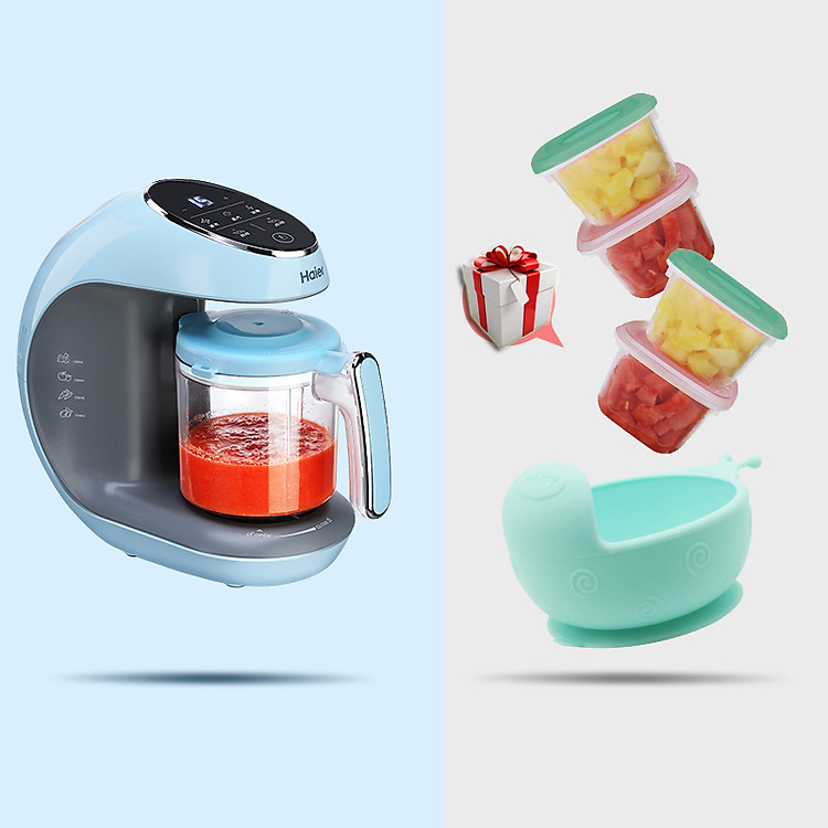 Máy xay hấp nghiền thức ăn cho bé đa năng 5in1 tặng bác và hộp đựng thức ăn cho bé (haierHBB-xanh)