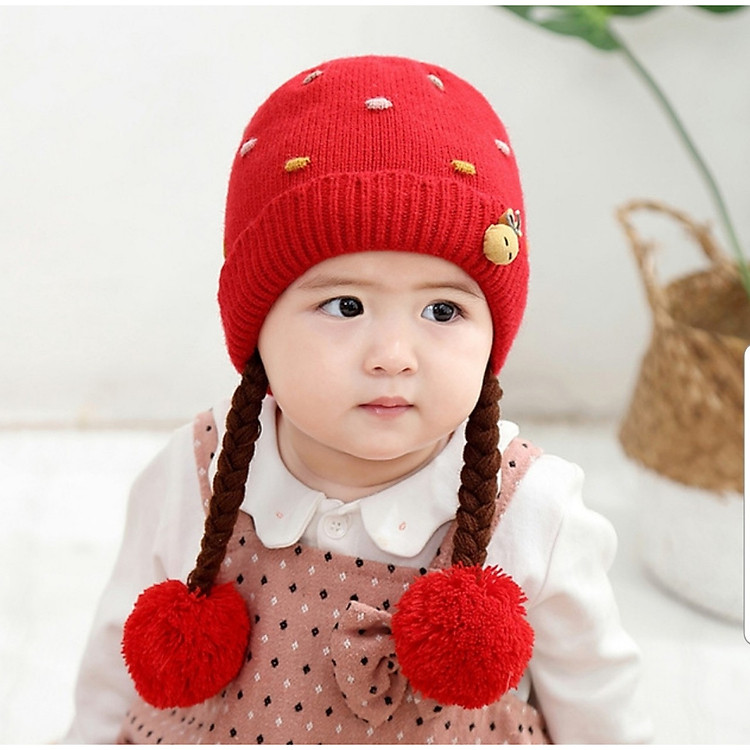 Mũ nón len 2 bím tóc giả xinh xắn cho bé gái 3 đến 18 tháng_M33
