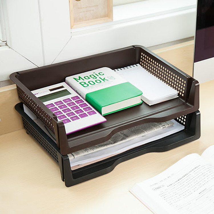 Khay đựng giấy và tài liệu A4 dáng ngang màu nâu Nhật Bản