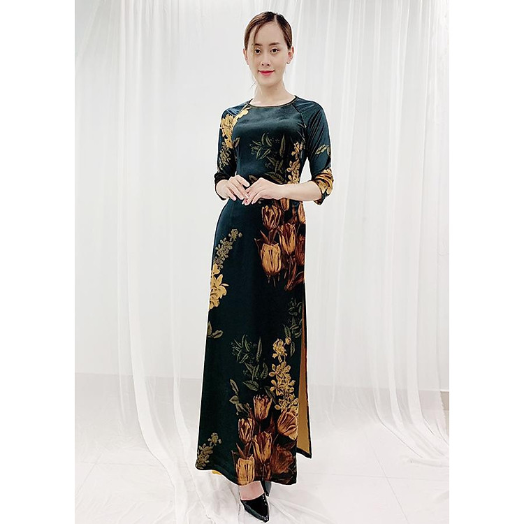 Áo Dài Nhung Truyền Thống Trung Niên In Hoa Vàng 3D ROMI 3167 (Không Kèm Quần)