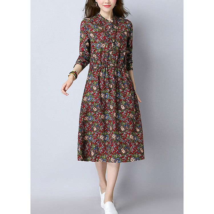 Đầm nữ hoa lá cổ trụ, đầm trung niên, đầm công sở Da18