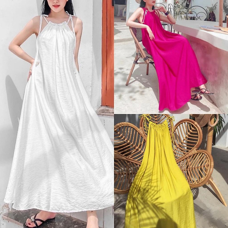 Đầm maxi xòe cổ yếm buộc nơ