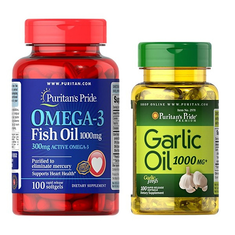 Combo 2 Thực phẩm chức năng Puritan's Pride Omega dầu cá và dầu tỏi 1000mg (100 viên/hộp)