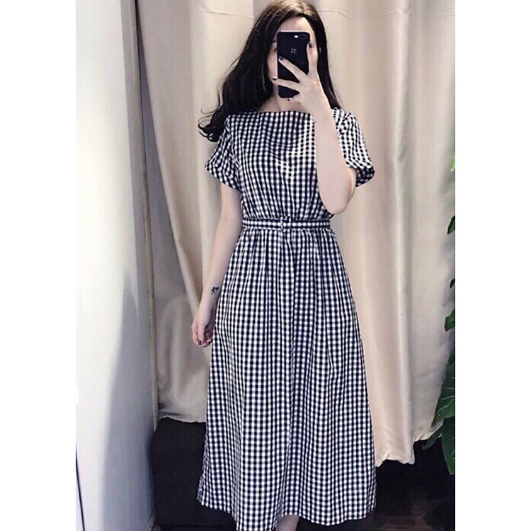 Đầm maxi caro kèm dây cột eo ( dưới 65kg) XDS05