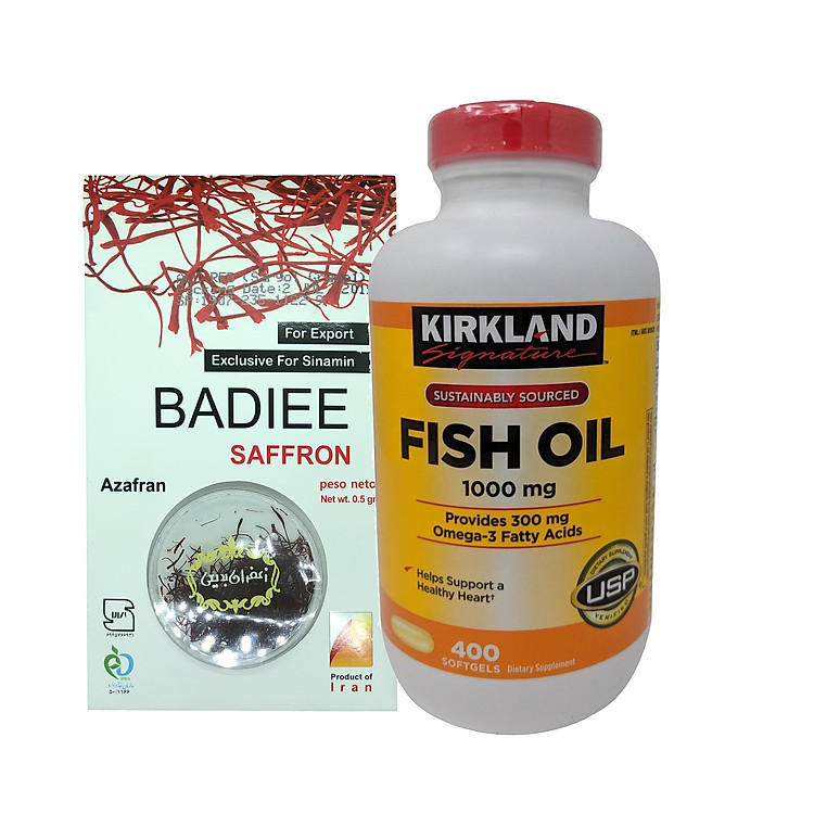 Thực phẩm bảo vệ sức khỏe Viên dầu cá Kirkland Fish Oil 1000mg bổ sung Omega-3, DHA và EPA - 400 Viên Tặng Kèm Hộp Saffron Badiee