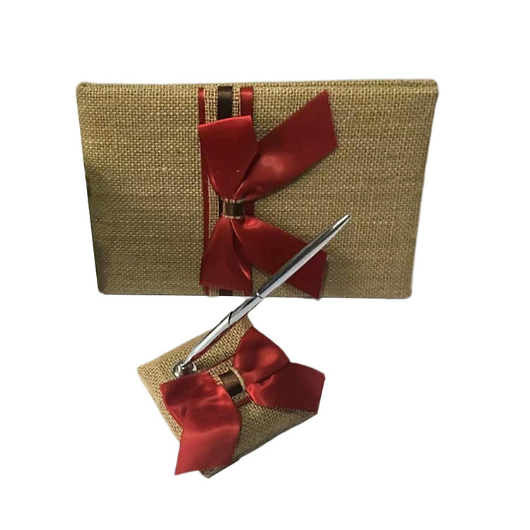 Wedding Burlap Embellished Satin Wedding Guest Book Pen and Stand Set Red