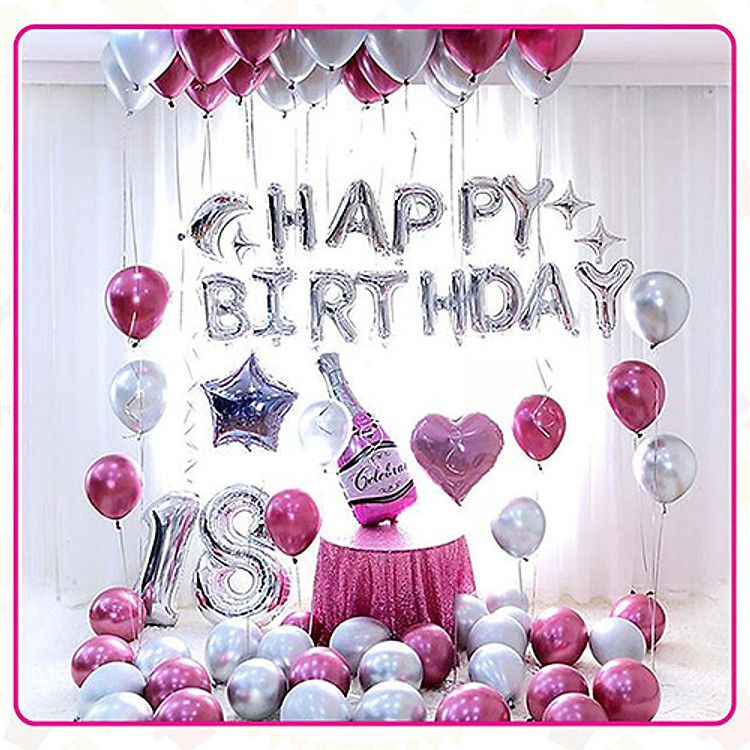 Set bong bóng trang trí sinh nhật tuổi 18 tông bạc, hồng xinh xắn, đáng yêu YBHP-005