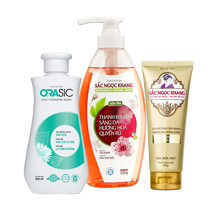 Combo 1 Sữa tắm Sắc Ngọc Khang 520g Whitening & Perfume, Detox - 1 Sữa rửa mặt Sắc Ngọc Khang 100g - 1 Dung dịch vệ sinh Orasic Sắc Ngọc Khang 200ml