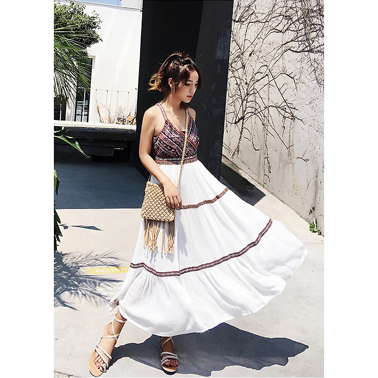 Đầm xòe maxi nữ đi biển, chất mềm mại đẹp, họa tiết thổ cẩm tinh tế, có đủ size | MX025