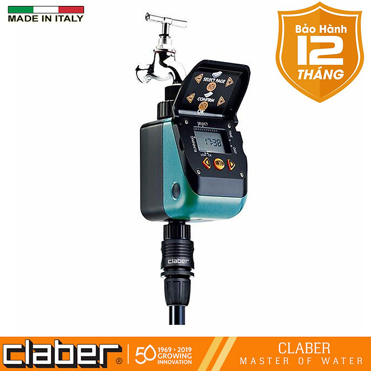 Van Hẹn Giờ Tưới Cây Tự Động Claber Aquauno Video 2 Plus - 8412 Made In Italy, tưới cây 2 lần trong ngày, ngõ vào ren 27mm, có cổng kết nối cảm biến mưa