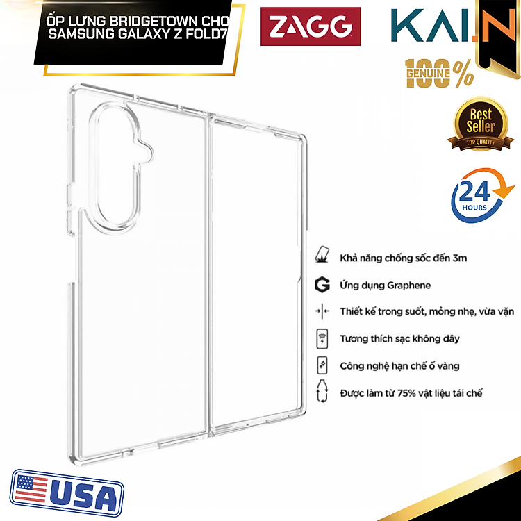 Ốp lưng trong suốt ZAGG Bridgetown/ Bridgetown Snap sạc từ tính cho Samsung Galaxy Z Fold7 chống sốc 3m ứng dụng vật liệu Graphene_ Hàng Chính Hãng