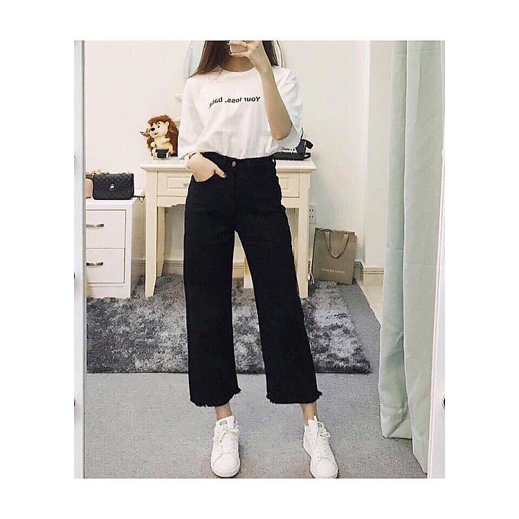 Quần jean nữ ống rộng vải mềm co giãn