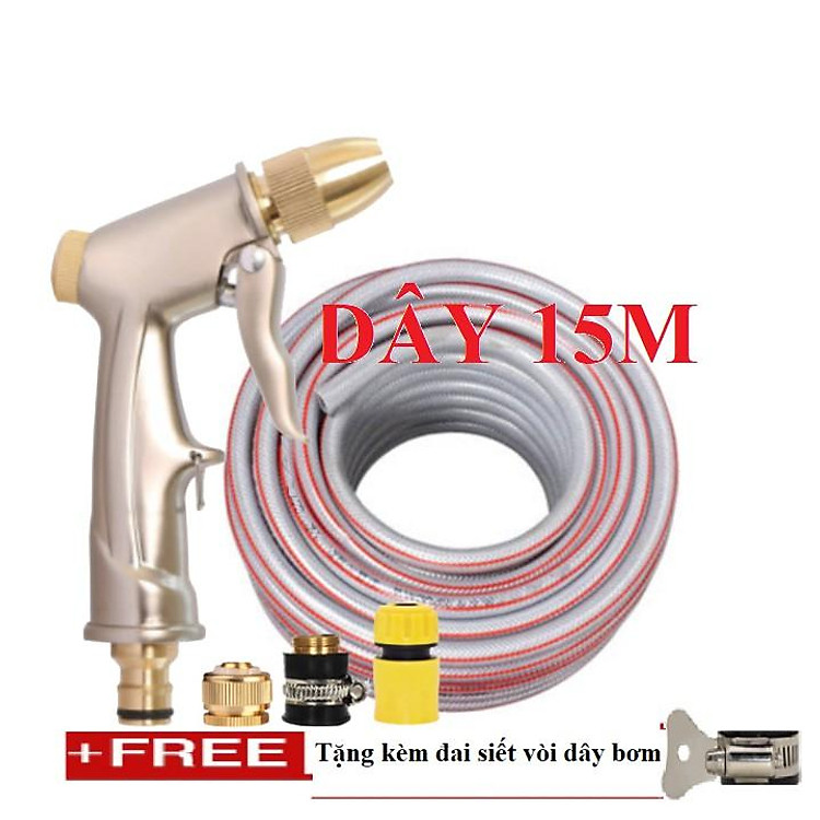 Bộ dây vòi xịt nước rửa xe, tưới cây . tăng áp 3 lần, loại 15m 206701-1 đầu đồng,cút,nối đồng+ tặng đai