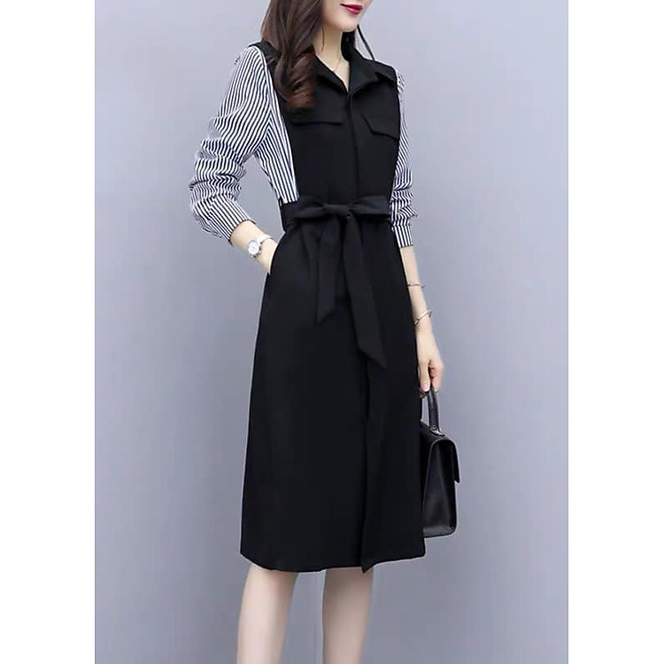 Đầm công sở tay phối sọc cổ V KingZone KV002