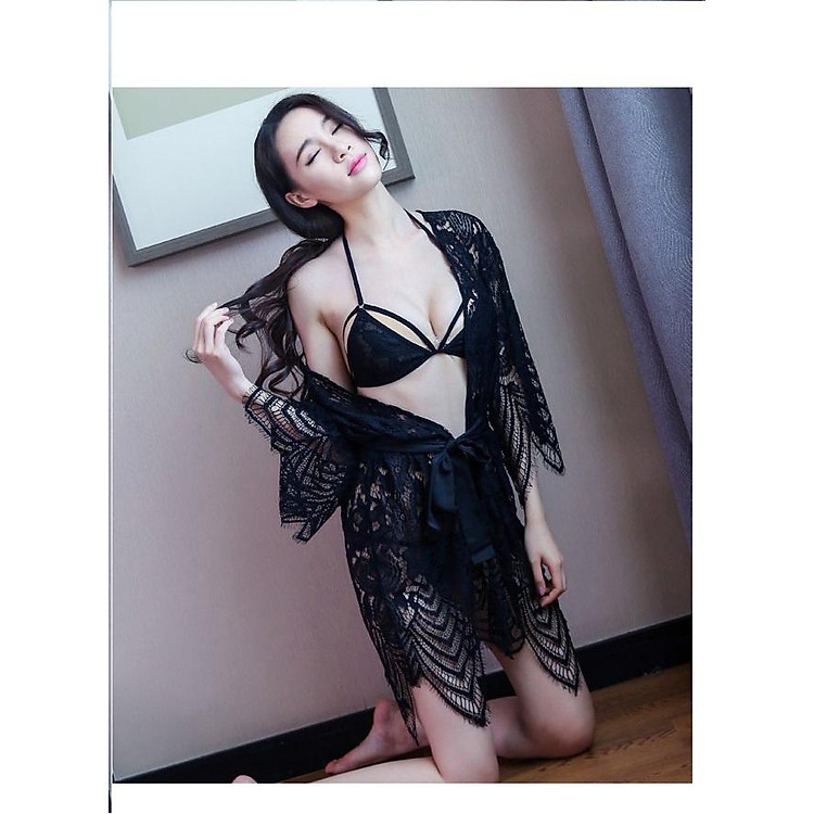 Bộ ngủ lót ren đen kèm áo choàng và dây đai - màu đen
