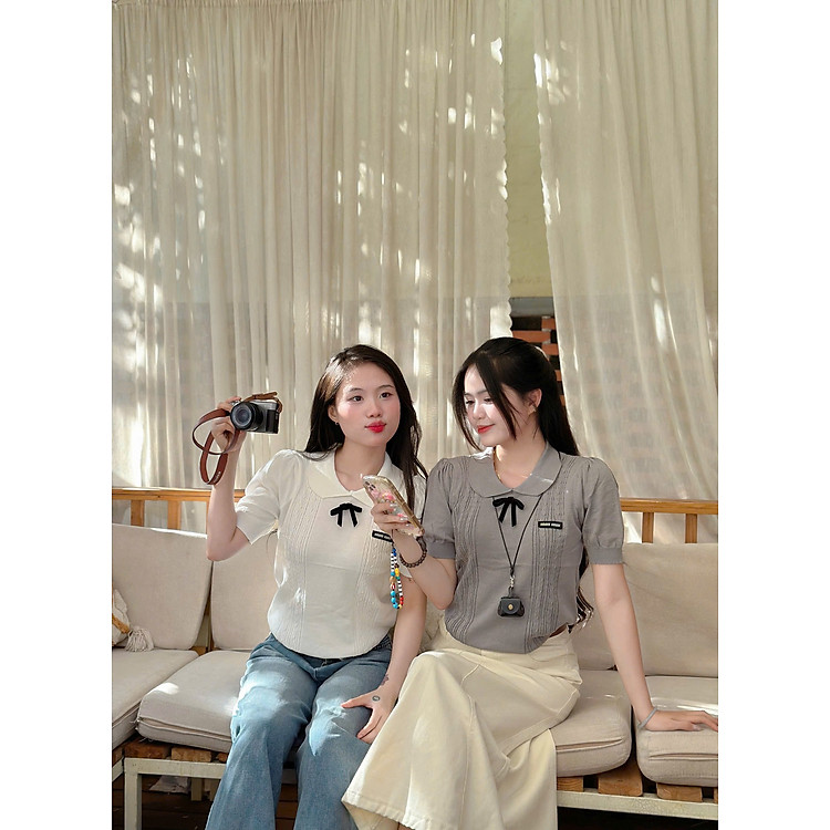 Áo Len Nữ Hàn Quốc Tay Ngắn Cổ Tròn Phối Nơ – Áo Len Dệt Kim Dáng Xinh