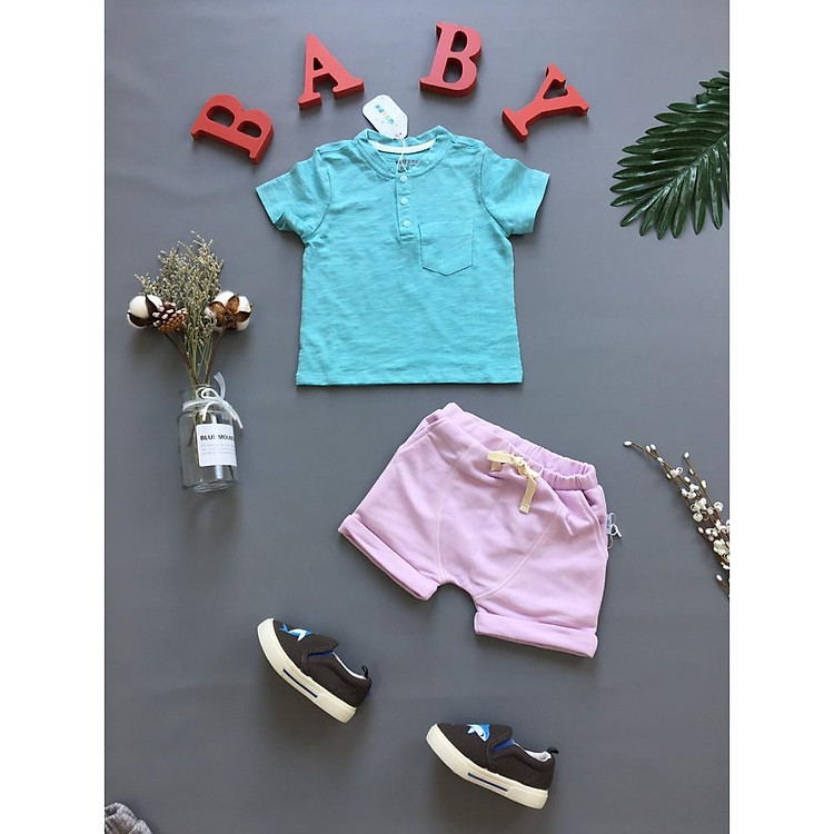 Bộ Kaizoo Tay Ngắn Cổ Trụ thun Cotton Pummy Áo Xanh Quần Tím ( Bé 7.5-20kg)