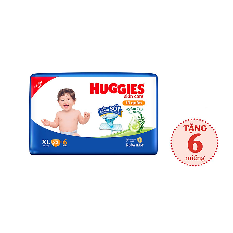 Tã/bỉm quần Huggies Skin Care Jumbo XL32+6 miếng với tràm trà dịu da