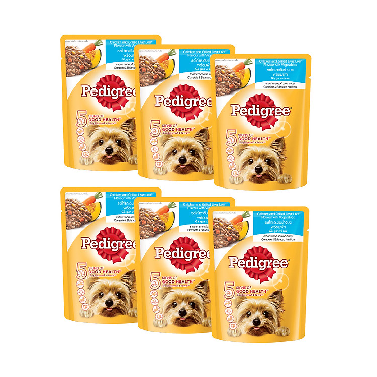 Bộ 6 gói thức ăn cho chó lớn dạng sốt Pedigree vị gà, gan nướng và rau 80g