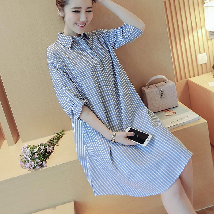 Đầm bầu công sở cổ sơ mi kẻ sọc DB010