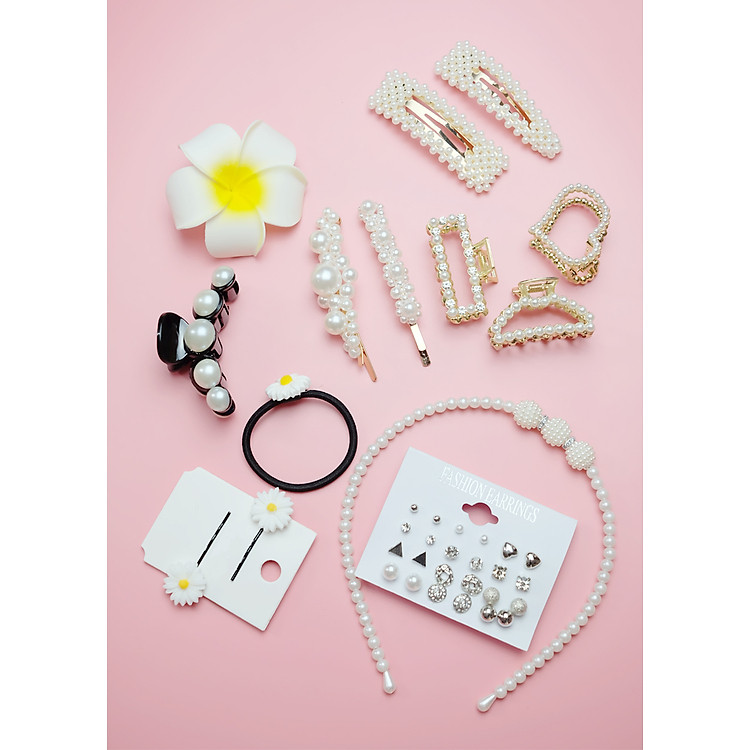 Set kẹp tóc ngọc trai hoa cúc 8 món, 25 chi tiết siêu hot