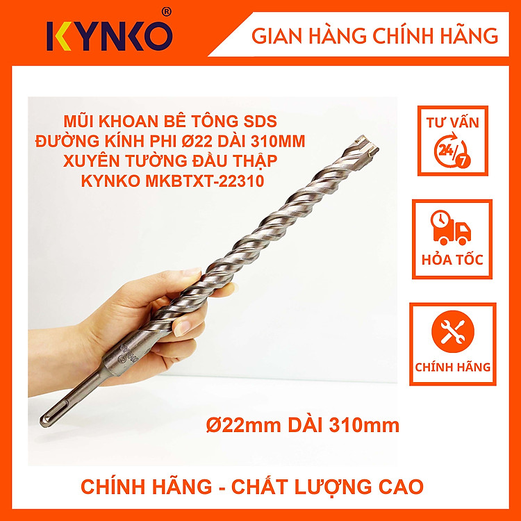 MŨI KHOAN BÊ TÔNG SDS ĐƯỜNG KÍNH PHI Ø 22 DÀI 310MM XUYÊN TƯỜNG ĐẦU THẬP KYNKO MKBTXT- 22310