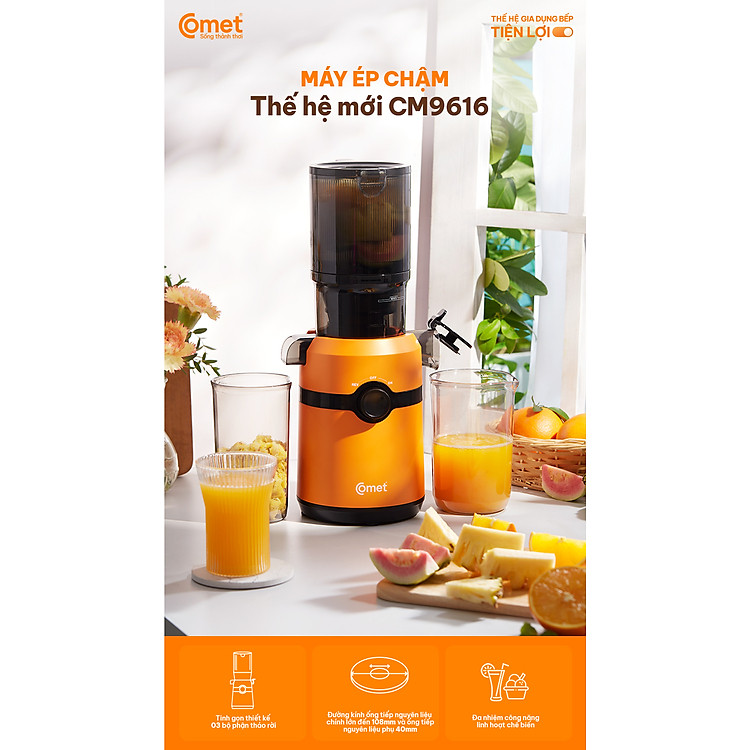 Máy ép chậm Comet CM9616 – Công suất 200W, dung tích 600ml, ép kiệt bã 98%, miệng ép lớn 108mm – Hàng chính hãng bảo hành 12 tháng