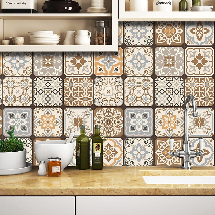 Decal gạch bông cổ điển màu nâu phối vàng xám, Decal dán bếp, Decal dán tường, dán kệ, tủ gỗ .. Mẫu KT49