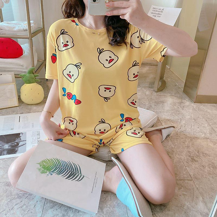 Bộ Đồ Ngủ Ngắn Tay In Hình Vịt Dễ Thương Cho Nữ