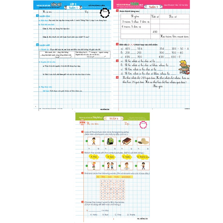 Phiếu Bài Tập Cuối Tuần Môn Toán + Tiếng Việt + Tiếng Anh Lớp 3 (Biên Soạn Theo Chương Trình GDPT Mới)