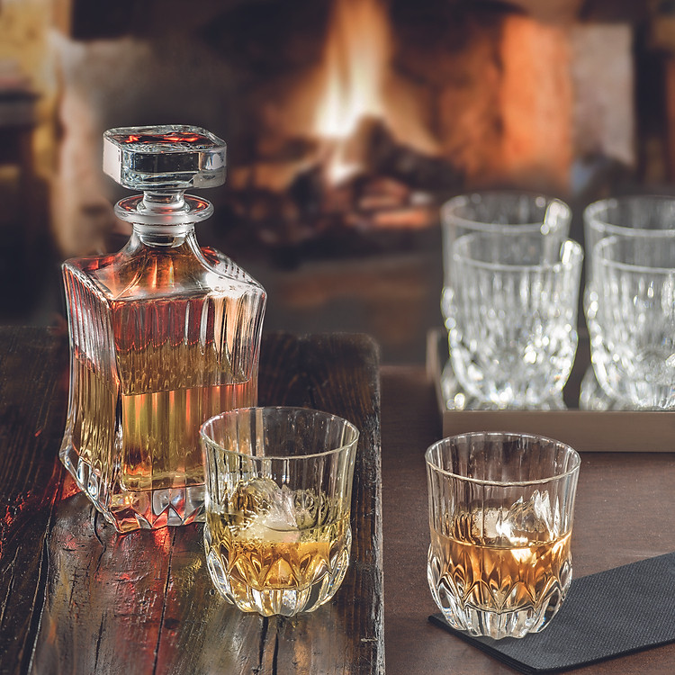 Bộ bình rượu vuông và 6 ly rượu pha lê Ý RCR Adagio 750ml - 350ml