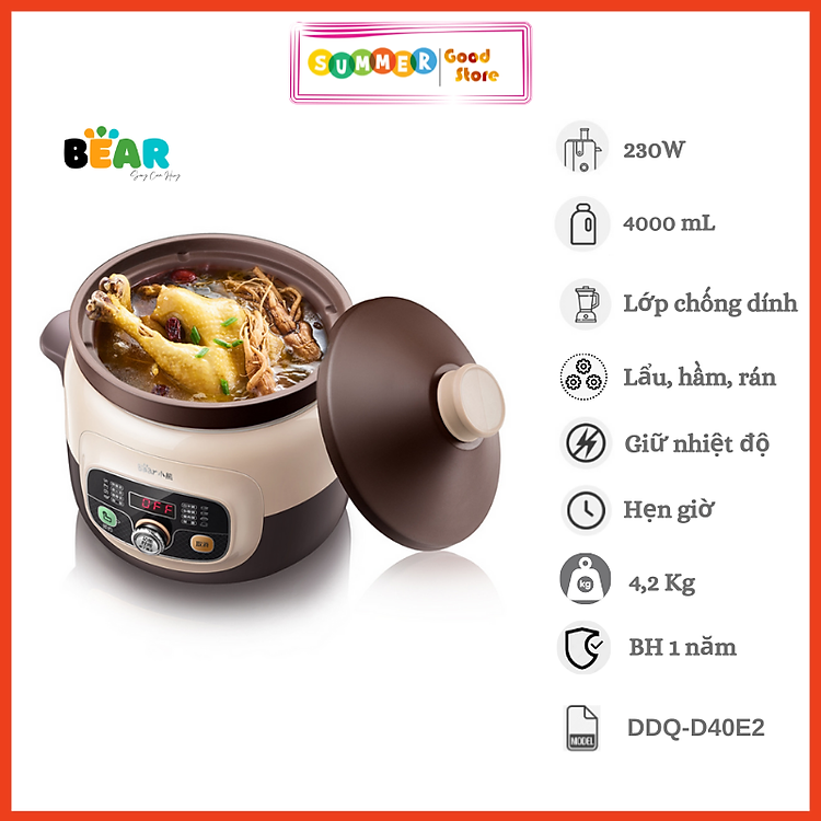 Nồi Nấu Cháo Chưng Yến Bear DDZ-A08G2 Dung Tích 0.8 Lít Công Suất 200 W - Hàng Chính Hãng