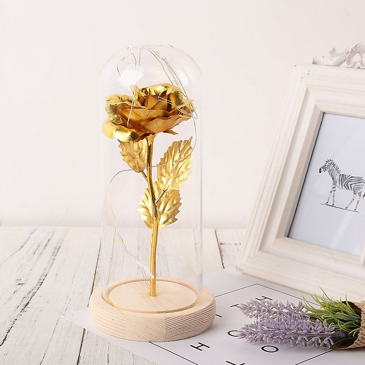 Lọ Hoa Hồng Vĩnh Cửu Vàng Lá 24k Có Đèn LED