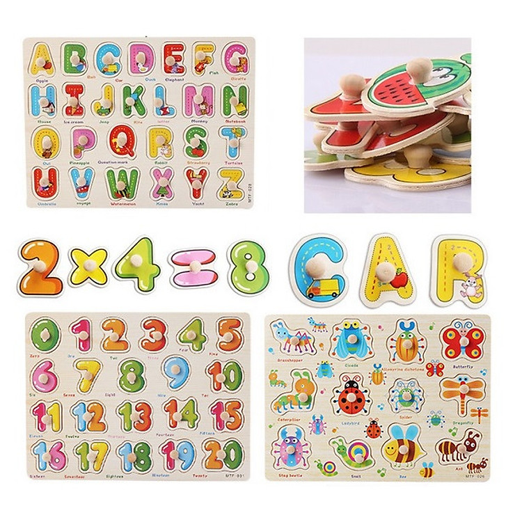 Bảng ghép hình côn trùng, chữ cái, chữ số núm gỗ(3 bảng)