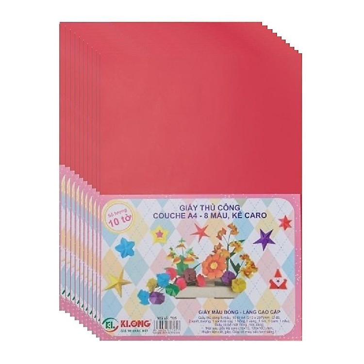 Lốc 10 tập giấy thủ công Couche 8 màu kẻ caro khổ A4 Klong 705