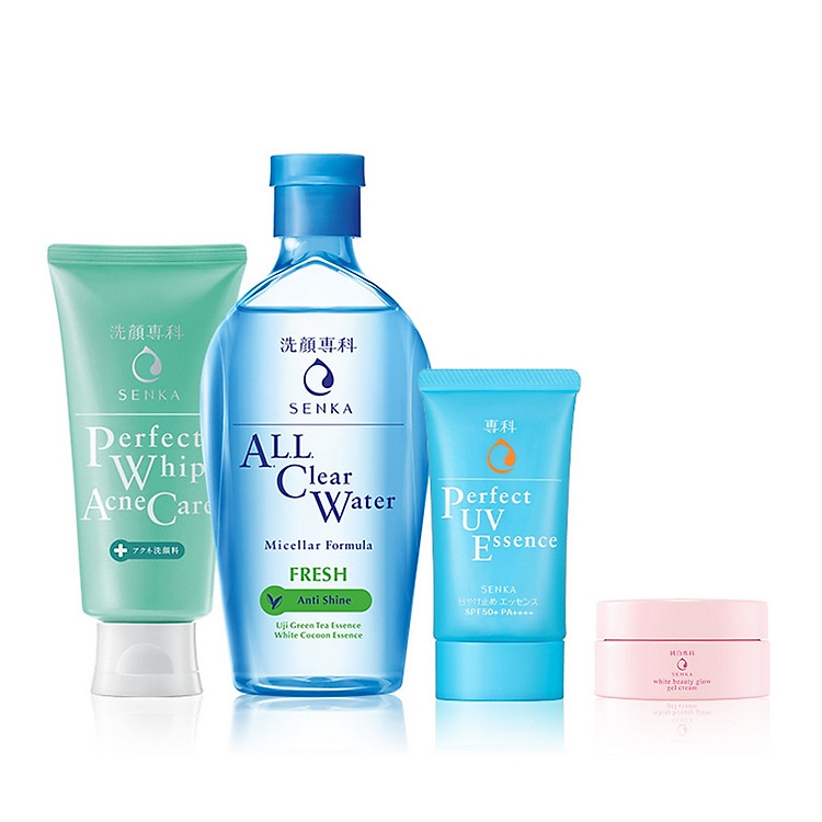 Bộ sản phẩm Senka làm sạch và chống nắng dành cho da mụn - Tặng Kem dưỡng trắng da ban đêm Senka 15g