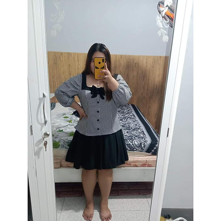 BIGSIZE - Áo kiểu cổ vuông caro 65-95kg