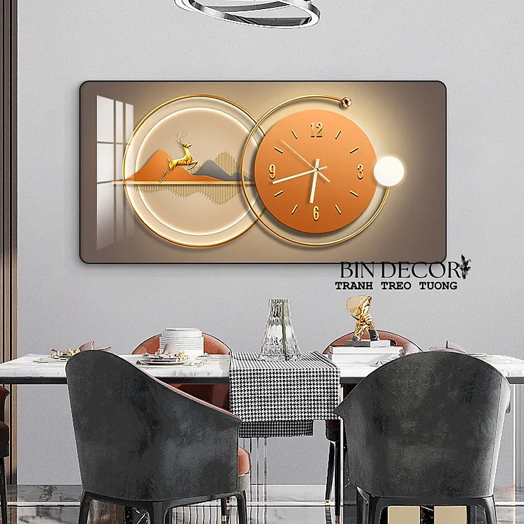 (HCM) Tranh đồng hồ tráng gương hươu vàng tài lộc 1 trang trí phòng khách, làm quà tân gia