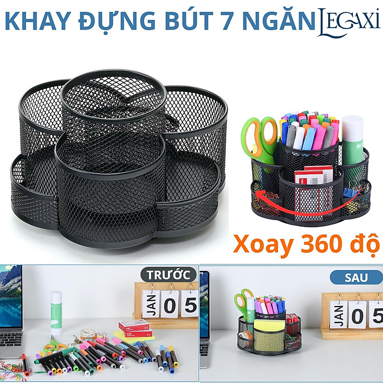 Khay đựng bút 7 ngăn xoay 360 độ kim loại