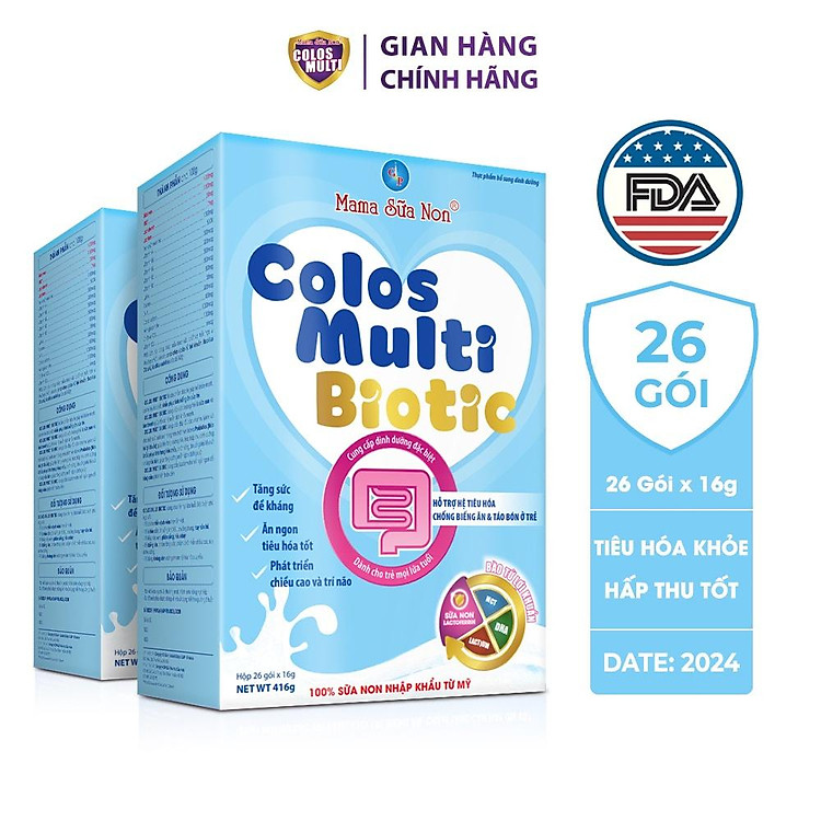 Combo 2 hộp sữa non cho bé Colosmulti Biotic hộp 26 gói x 16g chuyên biệt cho trẻ táo bón, tiêu hóa kém